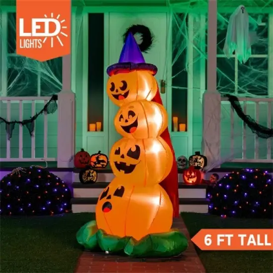 Joyfy 6 FT Halloween Inflatables Outdoor Decorations, Stacked Pumpkins with Witch Hat Inflatable with LEDs for Halloween Party Yard Garden Lawn Decor image {2}