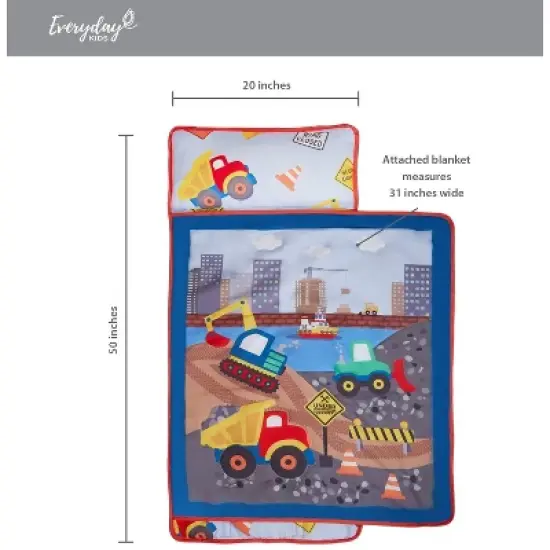 EVERYDAY KIDS Toddler Nap Mat &ndash;Under Construction&ndash; Soft Microfiber, Rollup with Handle & Pillow, for Preschool, Daycare, or Travel -Ages 2-6 years image {8}