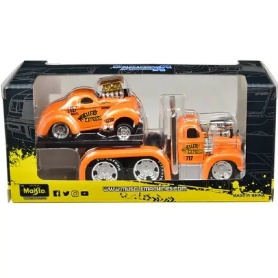 1953 Mack B-61 Flatbed Truck #717 and 1941 Willys Coupe Gasser #717 Orange Met. 1/64 Diecast Model Cars by Muscle Machines image {1}