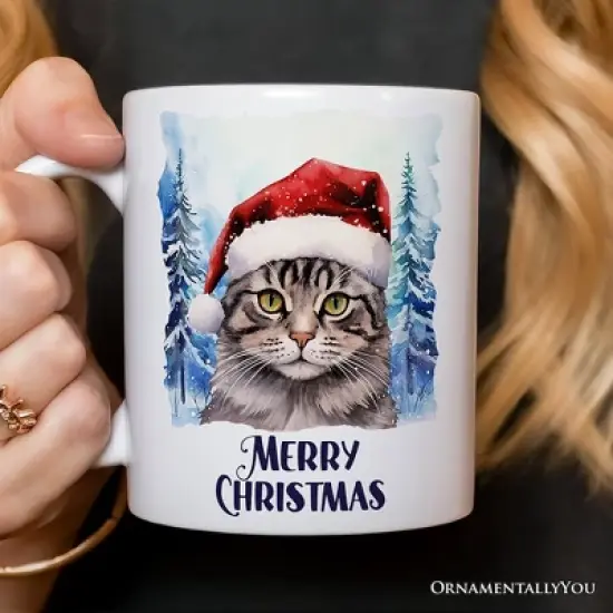 Tabby Cat with Santa Hat Mug, Winter Forest Christmas Gift (Non-Custom Only)| OrnamentallyYou image {2}