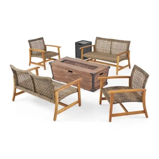 Christopher Knight Home Hampton Outdoor Acacia Wood and Wicker 6 Seater Chat Set with Fire Pit image {1}