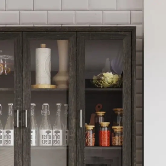 Famapy Dark Multi-Compartment Kitchen Pantry Cabinet,4 Shelf & 3 Glass Doors,Food Storage,Dinning Room image {1}