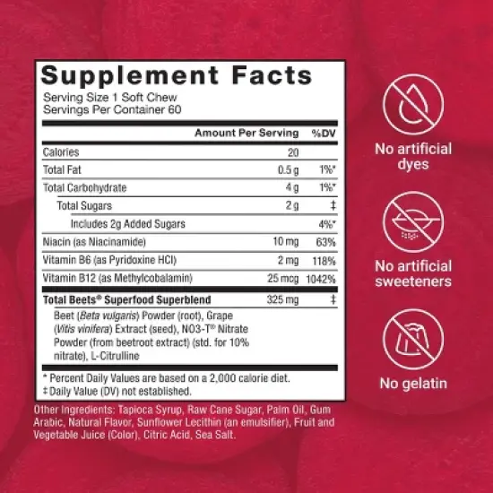 Force Factor Total Beets Dietary Supplements Soft Chews - Acai Berry - 60ct image {4}