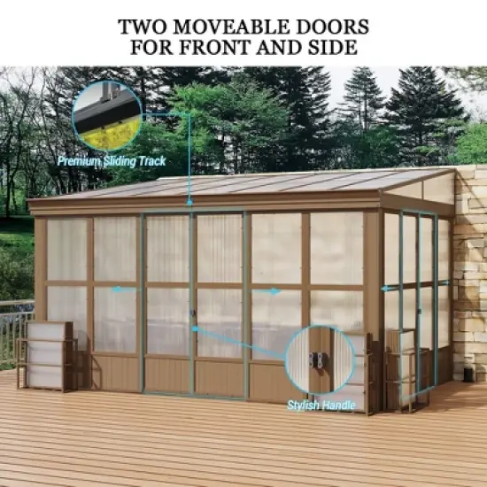 Mondawe Lean to Sunroom 10x14FT, Wall Mounted Solarium with Sloping Polycarbonate Roof, Detachable Screens and 2 Lockable Sliding Doors image {3}