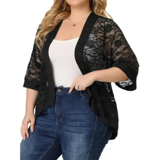 Agnes Orinda Women's Plus Size Elegant Open Front 3/4 Sleeve Lace Lightweight Tunic Cardigans image {6}