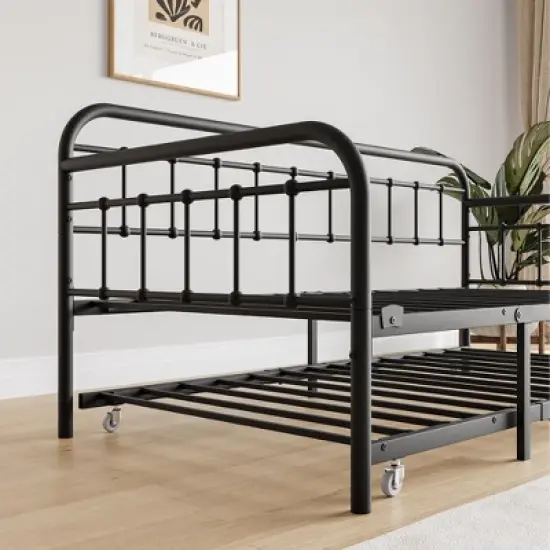 Twin Size Metal Daybed Frame with Trundle, Heavy Duty Steel Slat Support Sofa Bed Platform with Headboard, No Box Spring Needed, Black image {6}