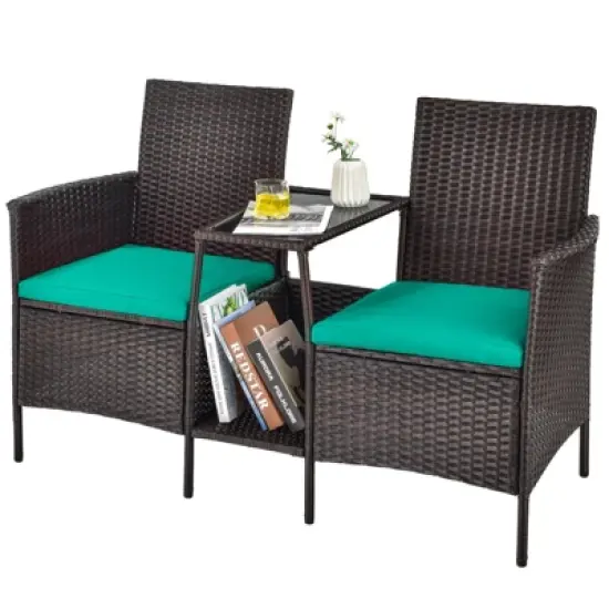 Tangkula Patio Loveseat 2 Person Cushioned Seats With Center Table Outdoor Rattan Furniture Set Turquoise/ Red image {5}