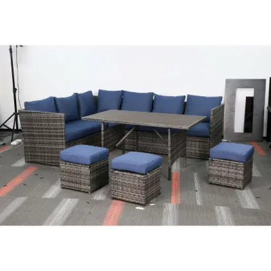 COWLOWN 7 Piece Blue Outdoor Patio Furniture Set, Brown Rattan with Dining Table, 3 Ottomans, Thickened Cushions for Backyard, Deck and Garden image {10}