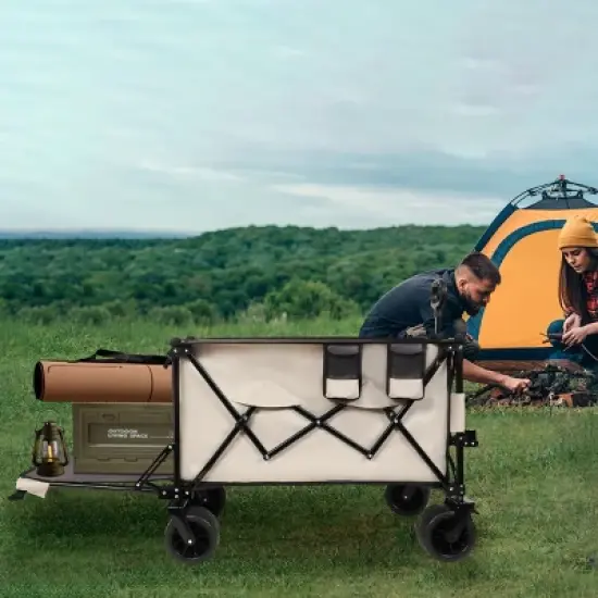 YONWAY Heavy-Duty Foldable Wagon with Extended Tailgate,480LBS Capacity,All-Terrain Beach Wheels,Perfect for Beach Trips,Fishing,Shopping,Khaki image {4}