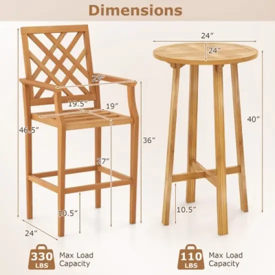 Tangkula 3 PCS Patio Bar Set Round Cocktail Table w/ 2 Stools w/ Backrest Armrests image {8}