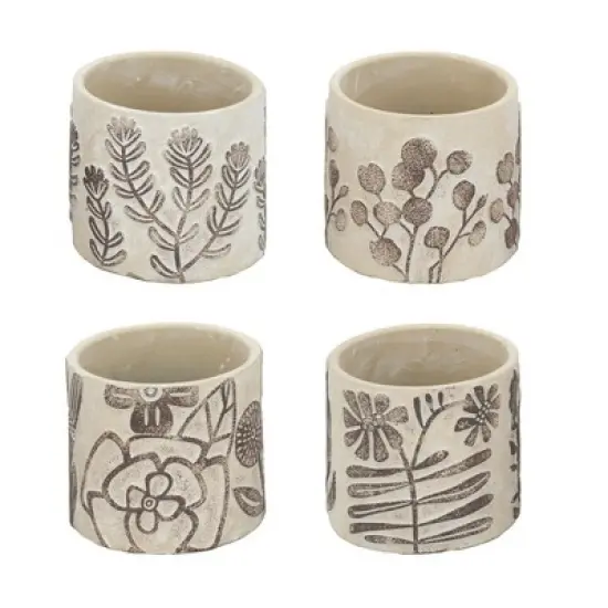 NAYSAYE Planter Set of 4 Gray Sand and Cement Planter with Brown Botanical Motifs for Indoor Outdoor Garden, Brown and Gray, 10"*10"*5" image {5}