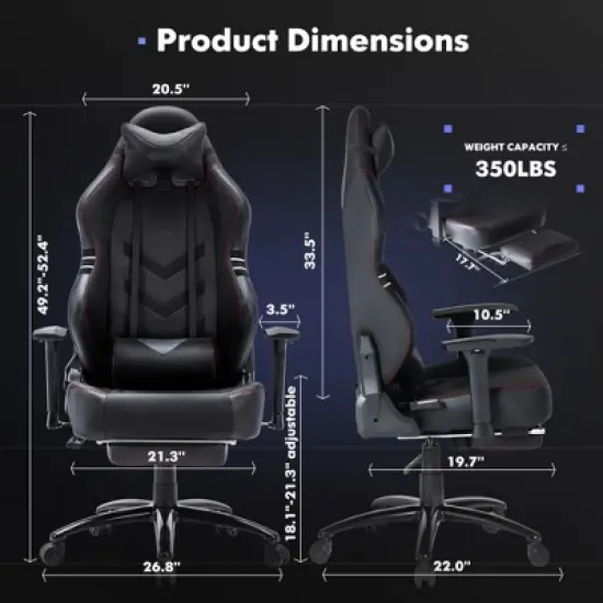 Sweat-proof PU Leather Gaming Chair Fixed up Armrest Lumbar Support Ergonomic Arm Chair With Double Arm & Footrest image {2}