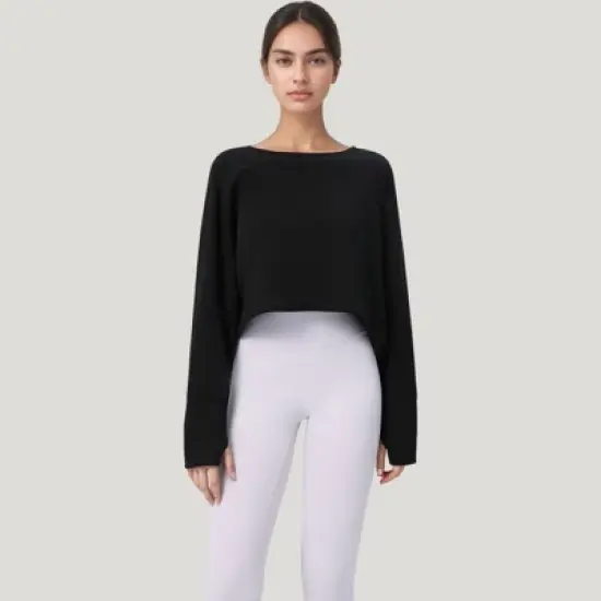 Anna-Kaci Active Women's Cropped Long Sleeve Active Top with Relaxed Fit and Crew Neck image {1}