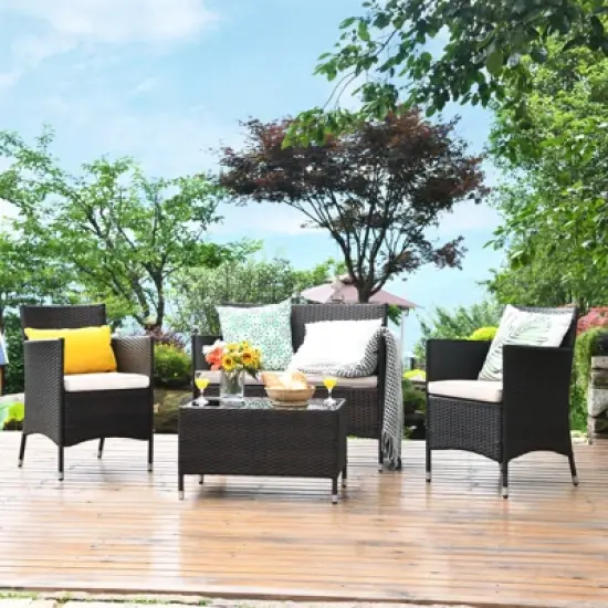 Tangkula 4 PCS Patio Rattan Wicker Furniture Set Outdoor with Cushions image {5}