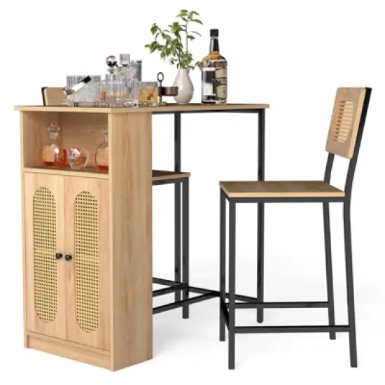 Tangkula 3 PCS Bar Table and Chairs Set w/ 2 Bar Stools & Storage Shelves Backrests image {10}