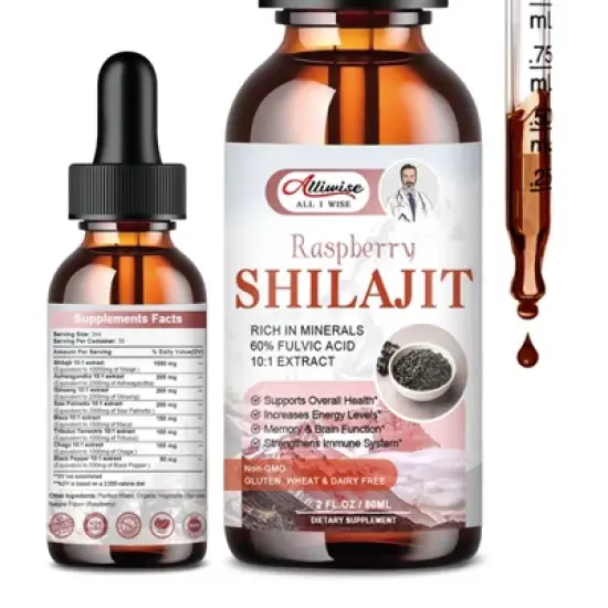 Alliwise Pure Himalayan Shilajit Resin Liquid Drops for Energy & Immune Support - 2 Fl.oz (Raspberry Flavor) image {6}