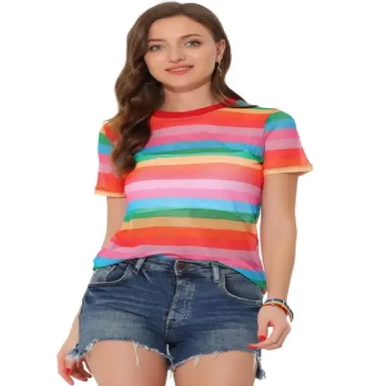Allegra K Women's Rainbow Blouse Short Sleeve Mesh Sheer Stripe T-Shirt image {6}