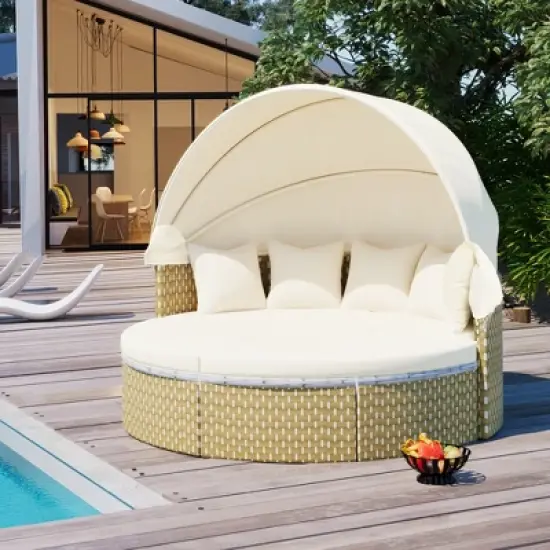 Gulches Beige Round Patio Chaise Lounges with Retractable Canopy - Outdoor Sectional Sofa Set image {1}