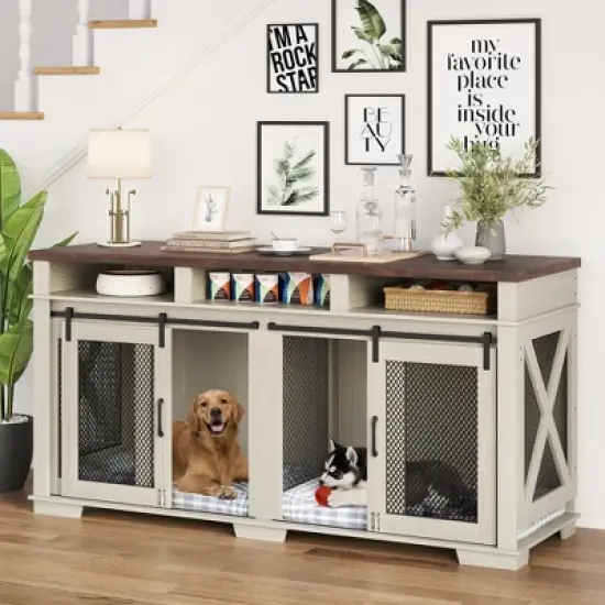 71" Dog Crate Furniture for 2 Dogs, Dog Kennel with 3 Storage Drawers & Removable Divider, Extra Large Double Dog Cage As image {8}