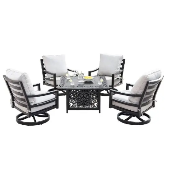 5pc Outdoor Dining Set with 42" Aluminum Square Damask Design Fire Table & Deep Seating Swivel Rocking Chairs - Oakland Living image {1}