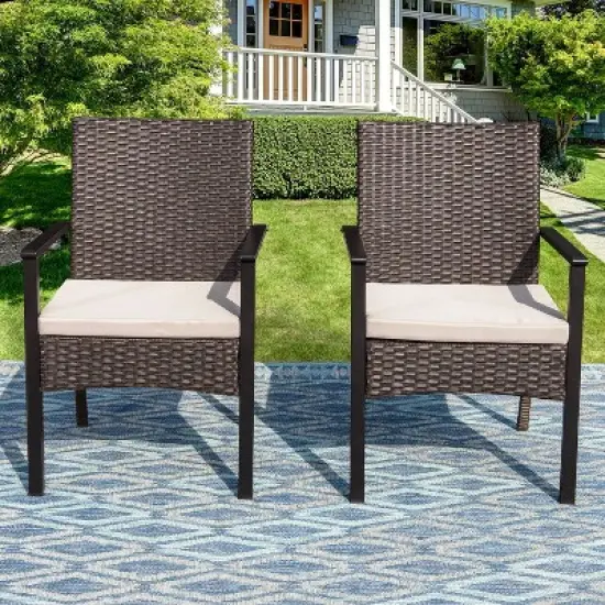 5pc Outdoor Dining Set: Wicker Chairs with Cushions & Round Metal Table - Captiva Designs image {6}