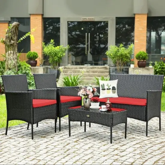 Costway 4PCS Patio Rattan Furniture Set Cushioned Sofa Coffee Table Backyard Turquoise\Red image {3}