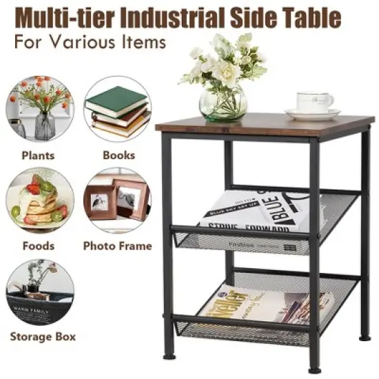 Costway Set of 2 3-Tier Industrial End Side Table Nightstand W/2 Adjustable Shelves image {5}