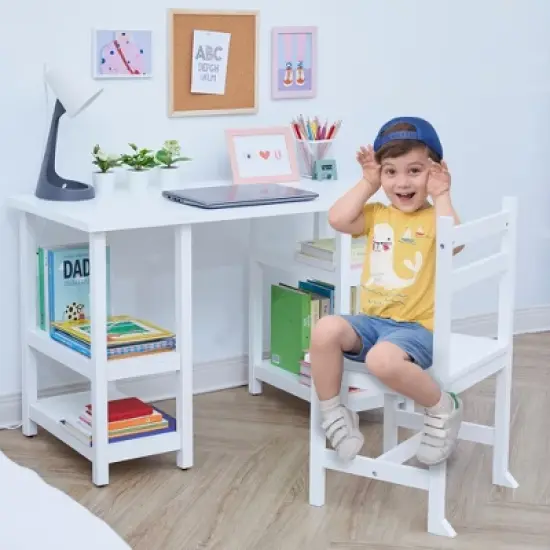 Fantasy Fields -  Kids wooden Desk & Chairs set with shelves on the side  - White image {10}