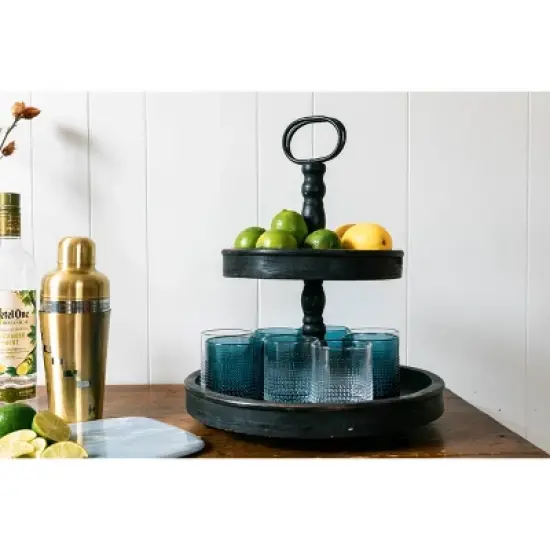 2 Tier 15" x 18.5" Distressed Wood Tray with Metal Handle Black - Storied Home image {6}