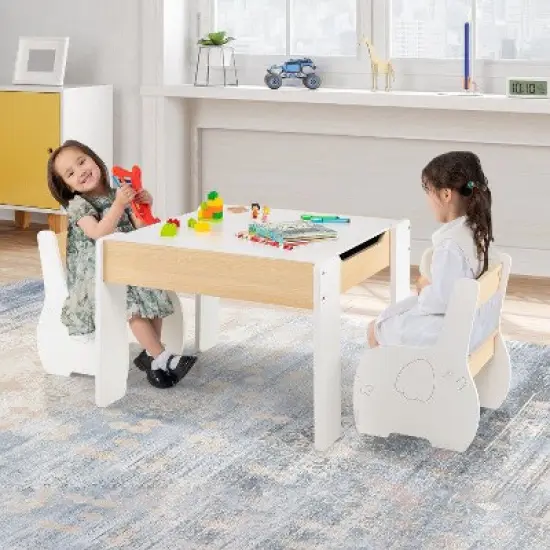Yinvani 4-in-1 Wooden Activity Kids Table and Chairs with Storage and Detachable Blackboard image {5}