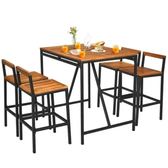 Costway 5PCS Patio Rattan Bar Table Stool Set Acacia Wood Top W/Umbrella Hole image {8}