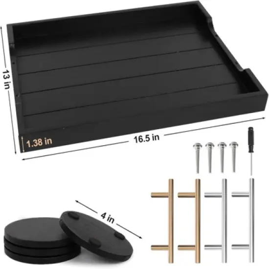 Attop Coffee Table Tray Set - Large Ottoman Tray with Handles Wood Serving Tray (2 Sets) with 4 Round Coasters Black image {2}