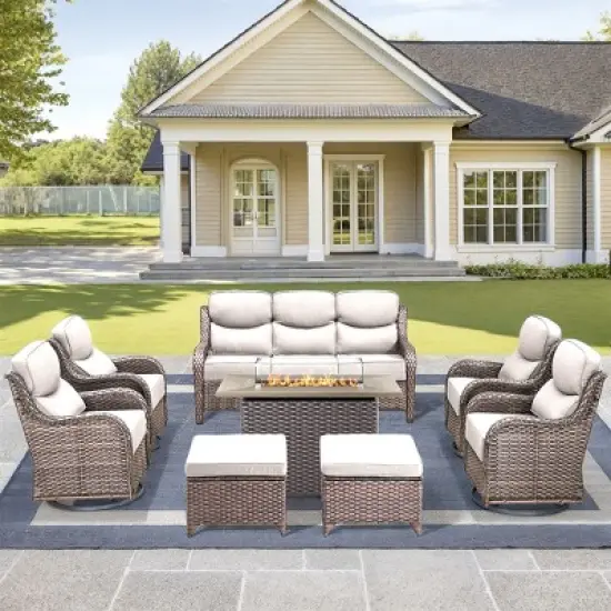 Gymojoy 8 Pieces Outdoor 6 Inch Sofa Swivel Chair Ottoman with Fire Pit Table image {16}