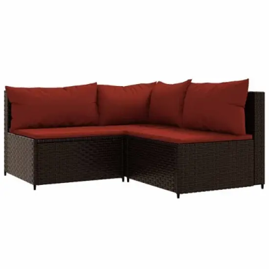 vidaXL Outdoor Patio Lounge Set, Brown PE Rattan Sofa Set with Cinnamon Red Cushions - 4 Piece, Includes Comfortable Padded Seating and Glass Tabletop image {2}