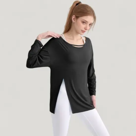 Anna-Kaci Active Women's Long Sleeve Pullover Top with Cutout Scoop Neck and Side Slit Hem image {5}