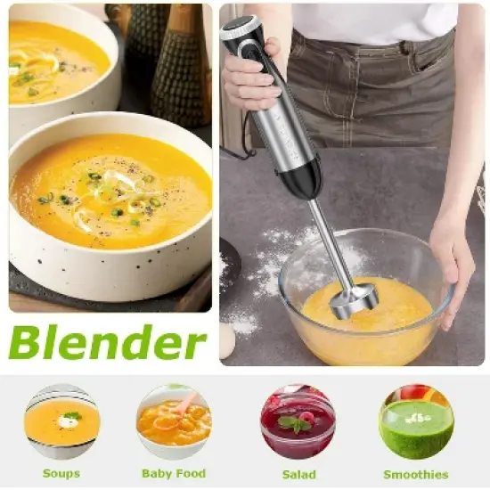 Bonsenkitchen Immersion Stainless Steel Handheld Blender with Egg Whisk, 20-Speed & Turbo Mode (500W output) for Soup, Smoothie, Puree, Baby Food image {3}