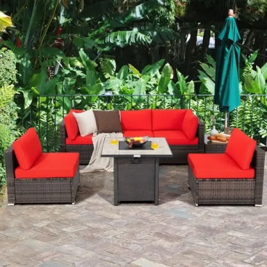 Costway 7PCS Patio Rattan Furniture Set 30'' Fire Pit Table Cover Cushion Sofa Off White\Black\Navy\Red\Turquoise image {11}