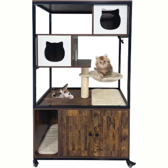 Litter Box Enclosure, Wooden Metal Frame Hidden Cat Washroom On Wheels with Hammock, Cat Tree with Litter Box Furniture, Cabinet image {8}