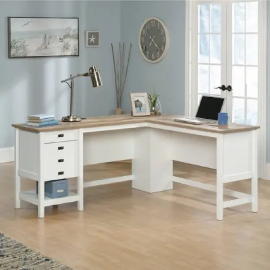 Cottage Road L-Shaped Desk with Oak Finished Top Soft White - Sauder image {1}