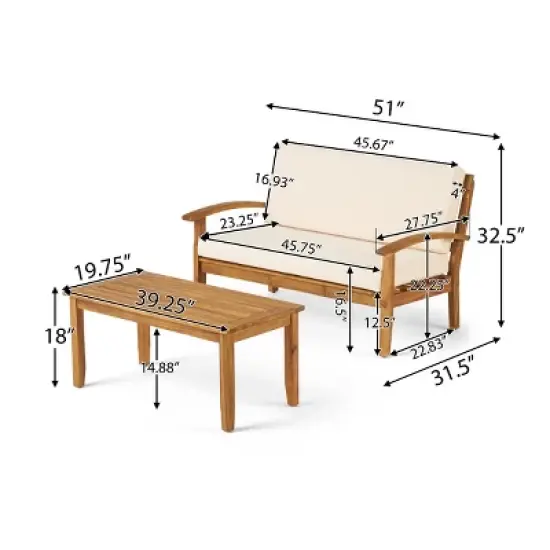 Outdoor Sectional Sofa Set, 2 Pcs Sofa Set with Loveseat and Coffee Table, Loveseat Sofa with Acacia Wood Frame and PE Cushion-Coolbibila image {3}