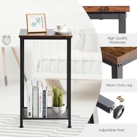Costway 2-Tier Industrial Side End Accent Telephone Table w/Mesh Shelf Rustic Brown image {9}