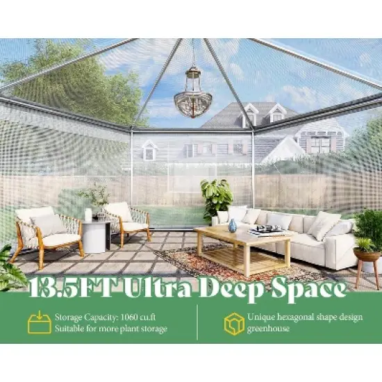 AMERLIFE 13.5x13.5x9 FT Hexagonal Walk-in Greenhouse, Windbreak Ropes, Waterproof PE Cover image {2}