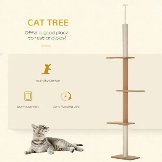 Resenkos Floor-to-Ceiling Cat Tree Cat Climbing Tower with Sisal-Covered Scratching Posts Natural Cat Tree Activity Center, Light brown image {7}