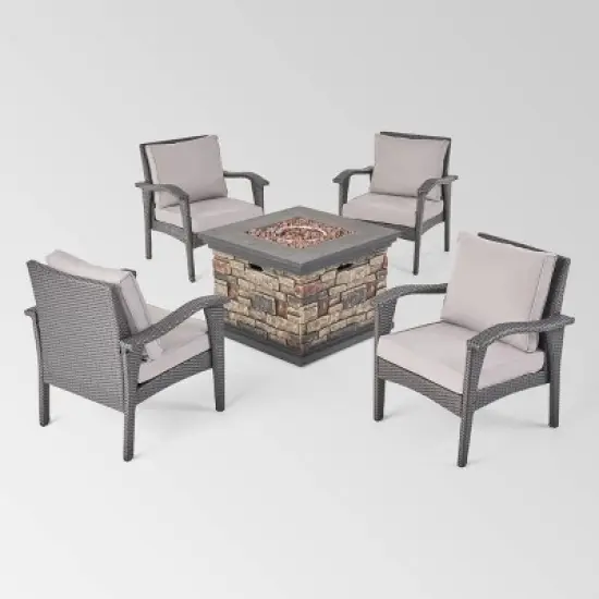 Kaula 5pc Faux Rattan Club Chair & Fire Pit Chat Set - Christopher Knight Home image {1}