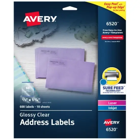Avery Glossy Clear Address Labels, Sure Feed Technology, Laser/Inkjet, 2/3" x 1-3/4", 600 Labels (6520) image {8}