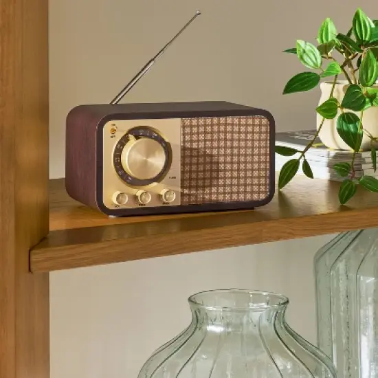 Small Wood Finish with Brass Retro Radio - Hearth & Hand&trade; with Magnolia image {1}
