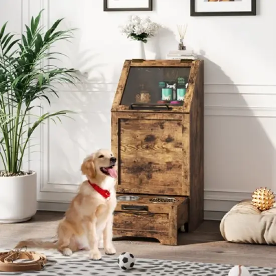 COZONY 35" Tall Pet Food Storage Cabinet with Flip Top, Feeding Station with 2 Elevated Dog Bowls & Large Pet Toy Organizer for Dogs image {10}