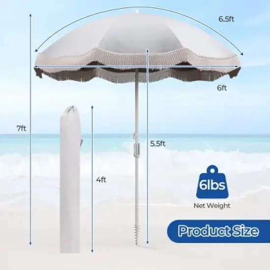 Tangkula 6.5 FT Beach Umbrella w/ Fringe Tassel Umbrella w/ Push Button Tilt Sand Anchor image {8}