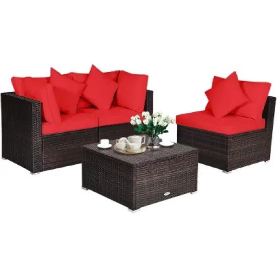 Tangkula 4-Piece Outdoor Rattan Sofa Set Sectional Conversation Couch Ottoman Turquoise/Red image {7}