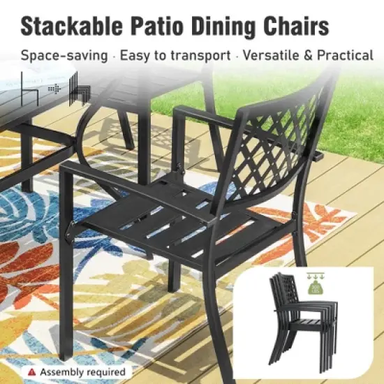 Captiva Designs 6pc Patio Square Table with Steel Frame & Stackable Fixed Chairs & 10ft 3 Tier Auto-tilt Umbrella image {5}